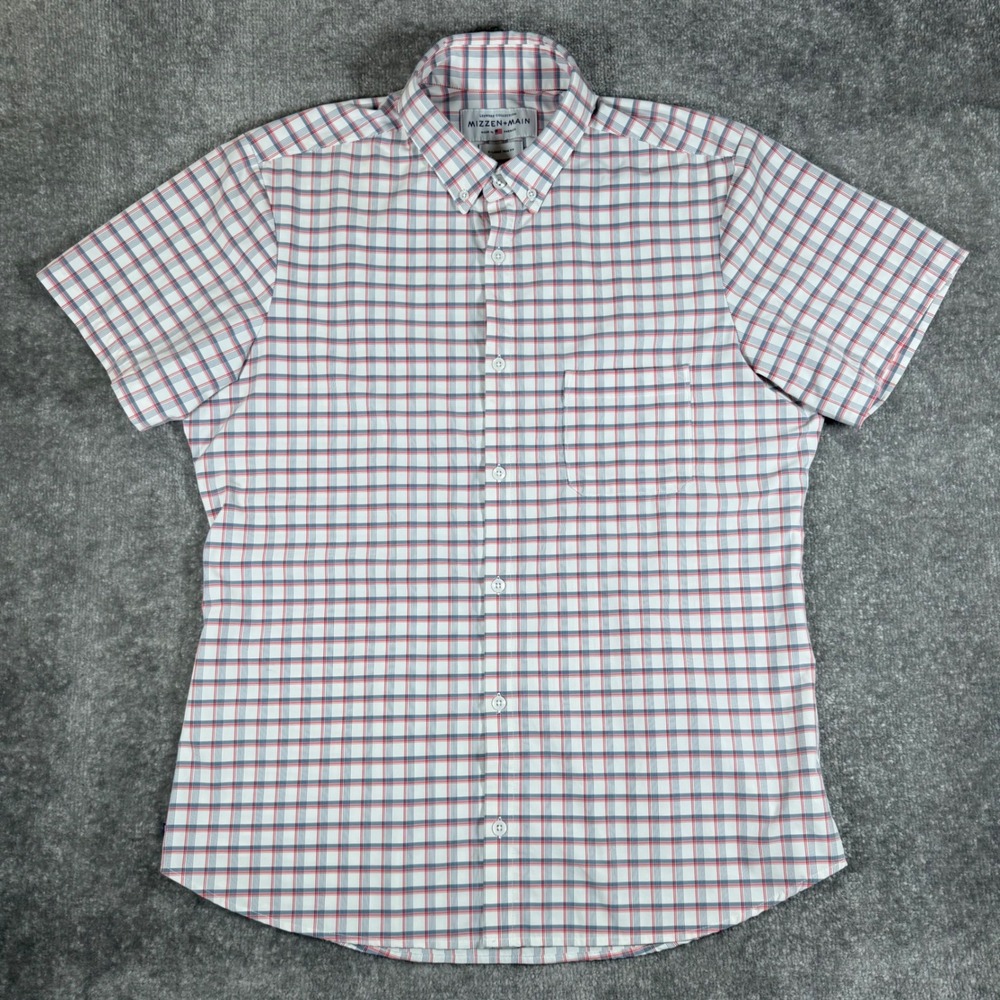 Mizzen+Main Mens XL Trim Fit Leeward Short Sleeve Plaid Button Down Shirt White